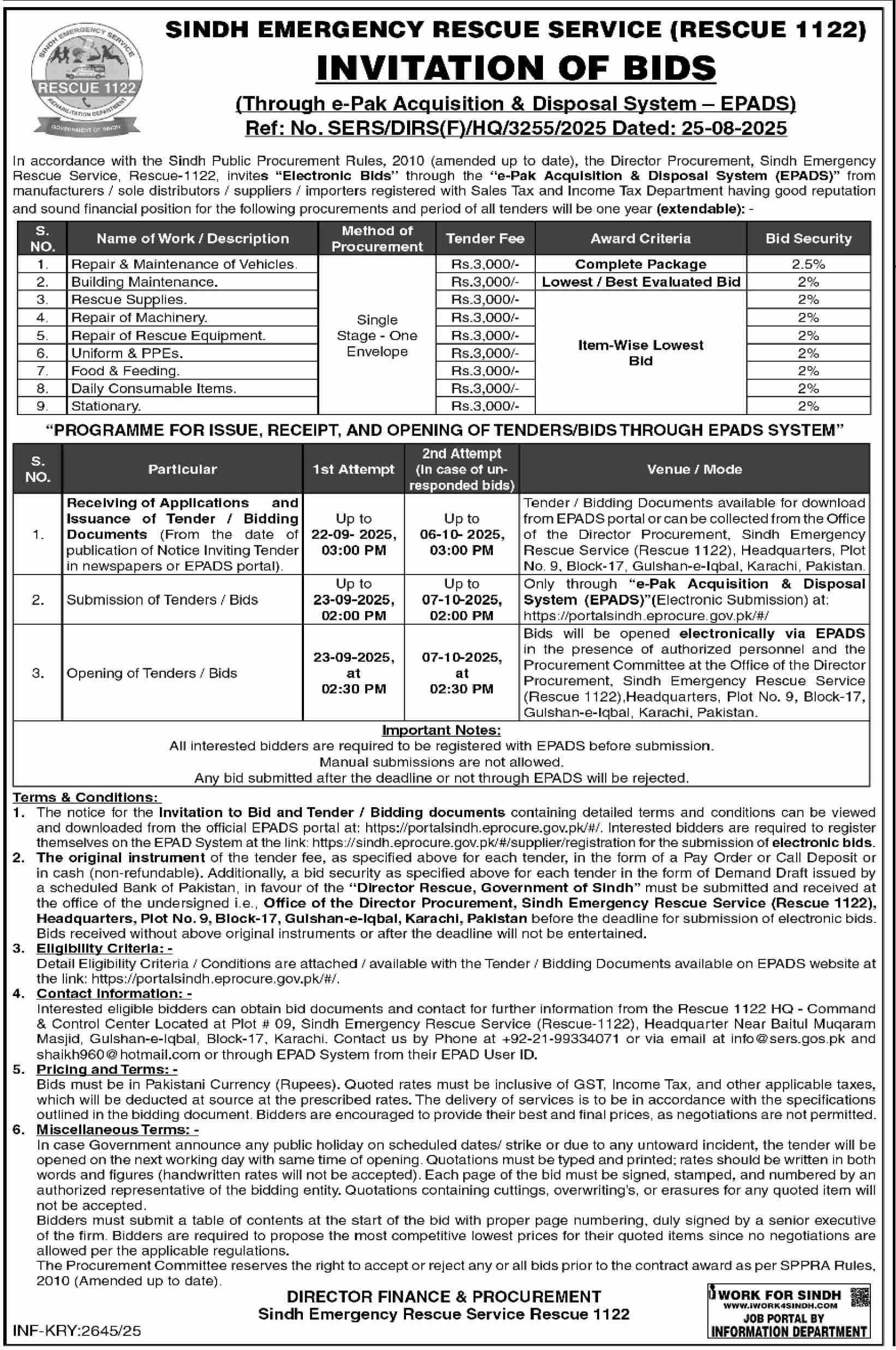 Sindh Emergency Rescue Service Karachi Tender Notice